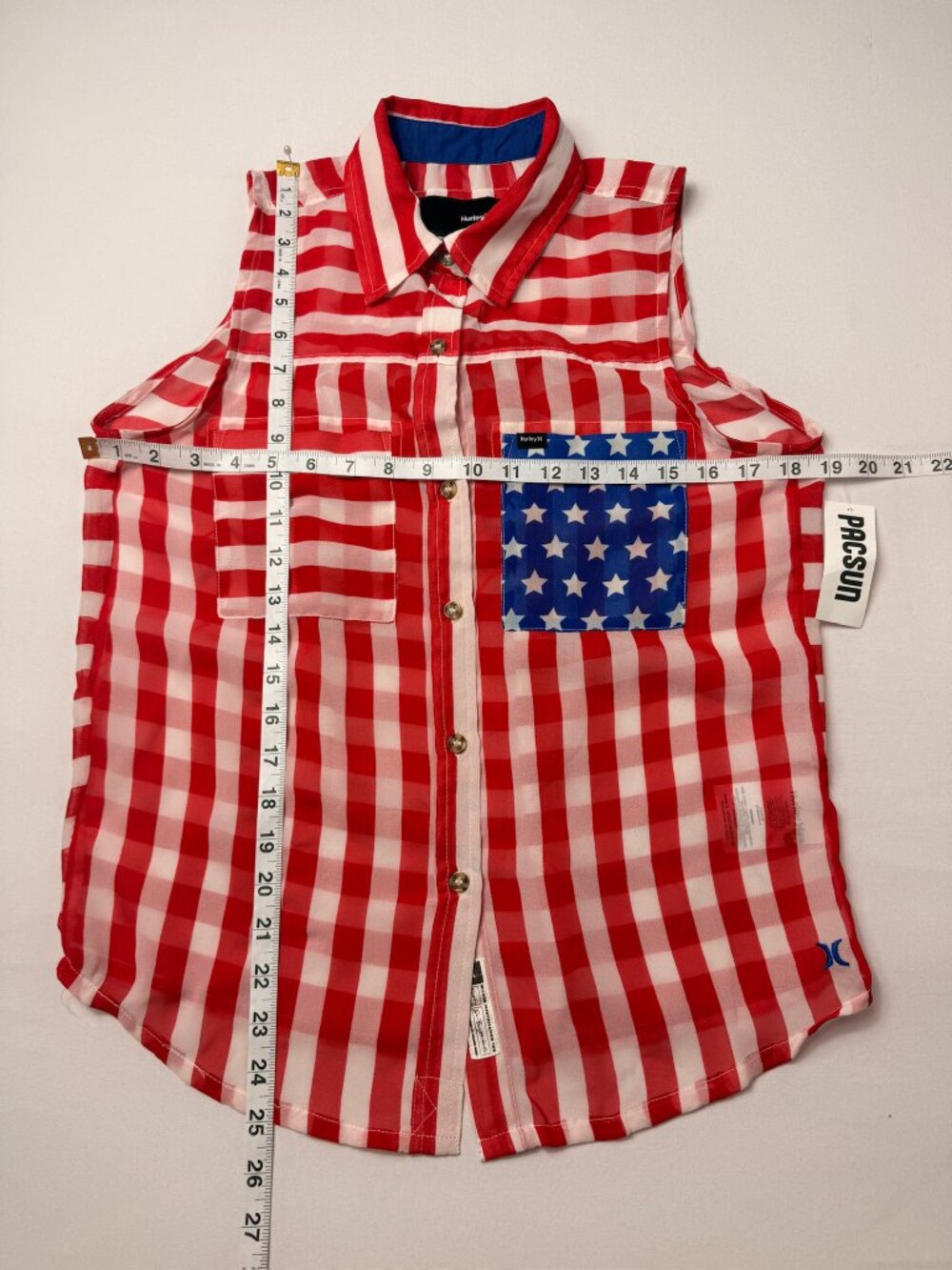 NWT Hurley Women's Medium Patriotic Red White Blue Plaid Sleeveless Top RWB tank - Picture 2 of 9